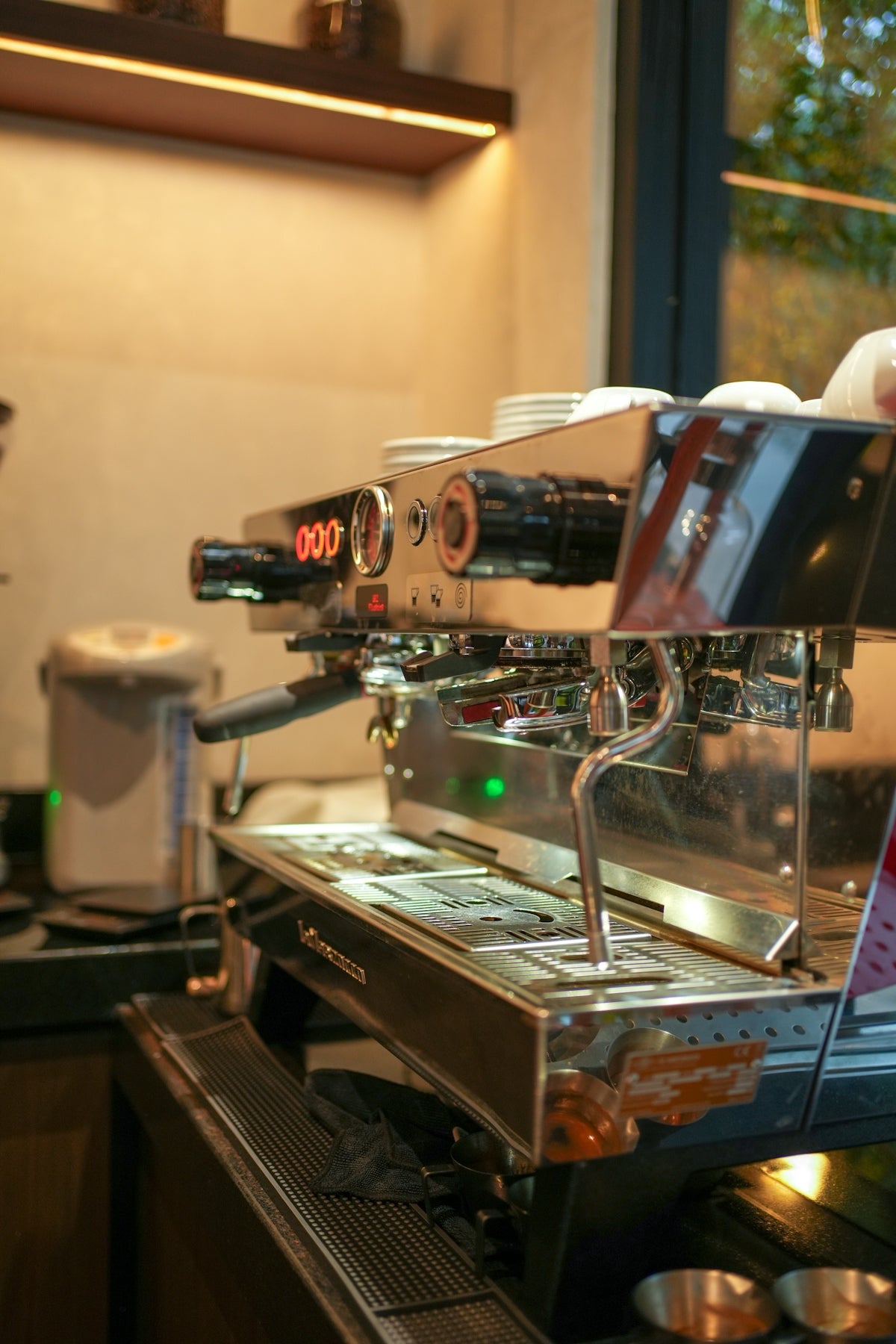 An espresso machine ready to brew coffee.