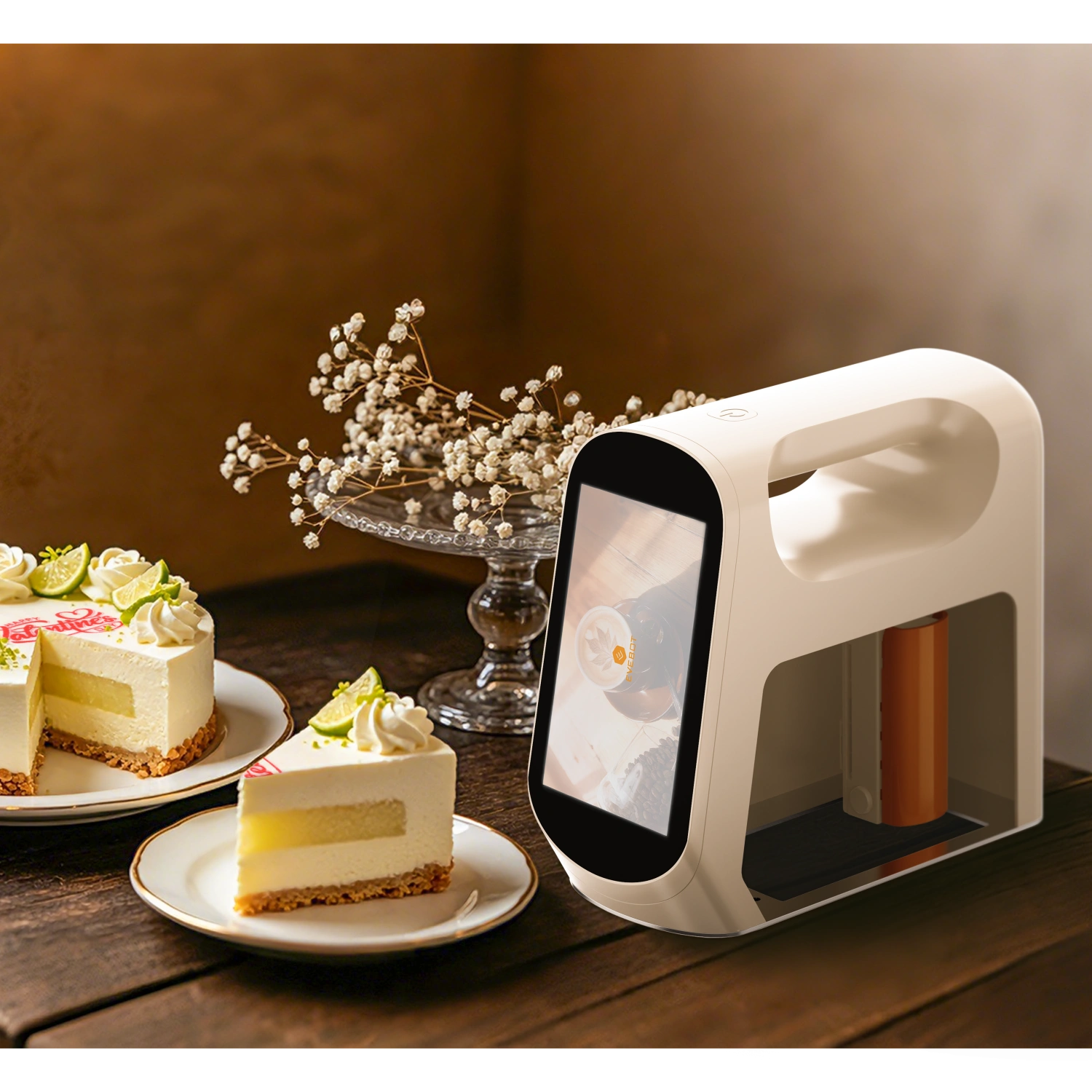 Evebot Smart edible printer next to a decorated cake, showing its application for custom edible designs.