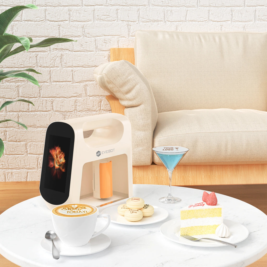 Evebot Smart edible printer with printable items: cocktails, macarons, cake, and coffee.